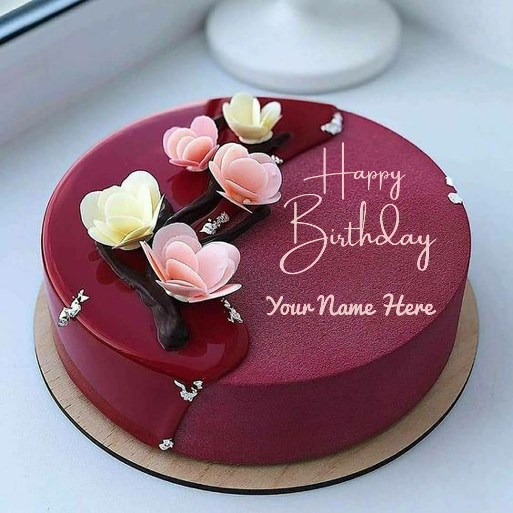 Shining Red Velvet Birthday Wishes Cake With Name